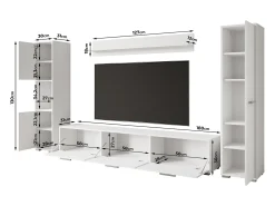 Conjunto de sala moderno – conjunto suspenso e de chão, móvel TV 180 cm, 2 colunas, prateleira, carvalho Wotan, borda preta mate