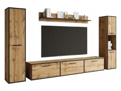 Conjunto de sala moderno – conjunto suspenso e de chão, móvel TV 180 cm, 2 colunas, prateleira, carvalho Wotan, borda preta mate