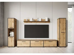 Conjunto de sala moderno – conjunto suspenso e de chão, móvel TV 180 cm, 2 colunas, prateleira, carvalho Wotan, borda preta mate