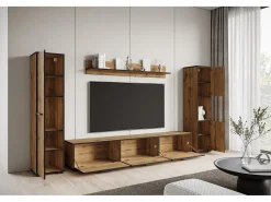 Conjunto de sala moderno – conjunto suspenso e de chão, móvel TV 180 cm, 2 colunas, prateleira, carvalho Wotan, borda preta mate