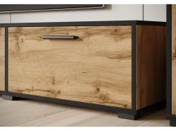 Conjunto de sala moderno – conjunto suspenso e de chão, móvel TV 180 cm, 2 colunas, prateleira, carvalho Wotan, borda preta mate