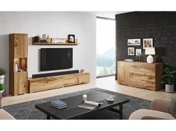 Conjunto de sala moderno 3 peças com LED, mate, coluna e móvel TV 180 cm carvalho wotan