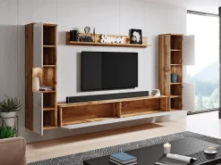 Conjunto de sala moderno 4 peças com LED, 2 colunas, móvel TV 180 cm e prateleira, corpo carvalho wotan, frentes branco brilho