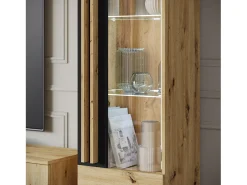 Conjunto de sala sobre pés com LED– conjunto TV 180 cm, vitrine, estante, prateleira carvalho Artisan mate