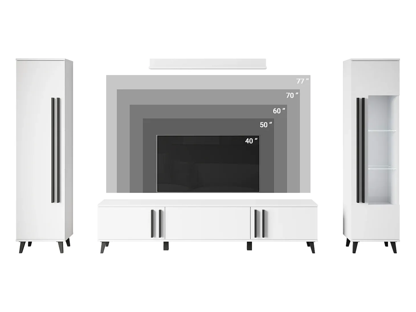 Conjunto de sala sobre pés com LED– conjunto TV 180 cm, vitrine, estante, prateleira carvalho Artisan mate