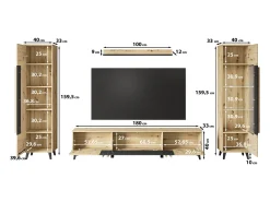 Conjunto de sala sobre pés com LED– conjunto TV 180 cm, vitrine, estante, prateleira carvalho Artisan mate