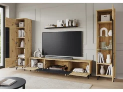Conjunto de sala sobre pés com LED– conjunto TV 180 cm, vitrine, estante, prateleira carvalho Artisan mate