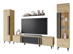 Conjunto de sala sobre pés com LED– conjunto TV 180 cm, vitrine, estante, prateleira carvalho Artisan mate