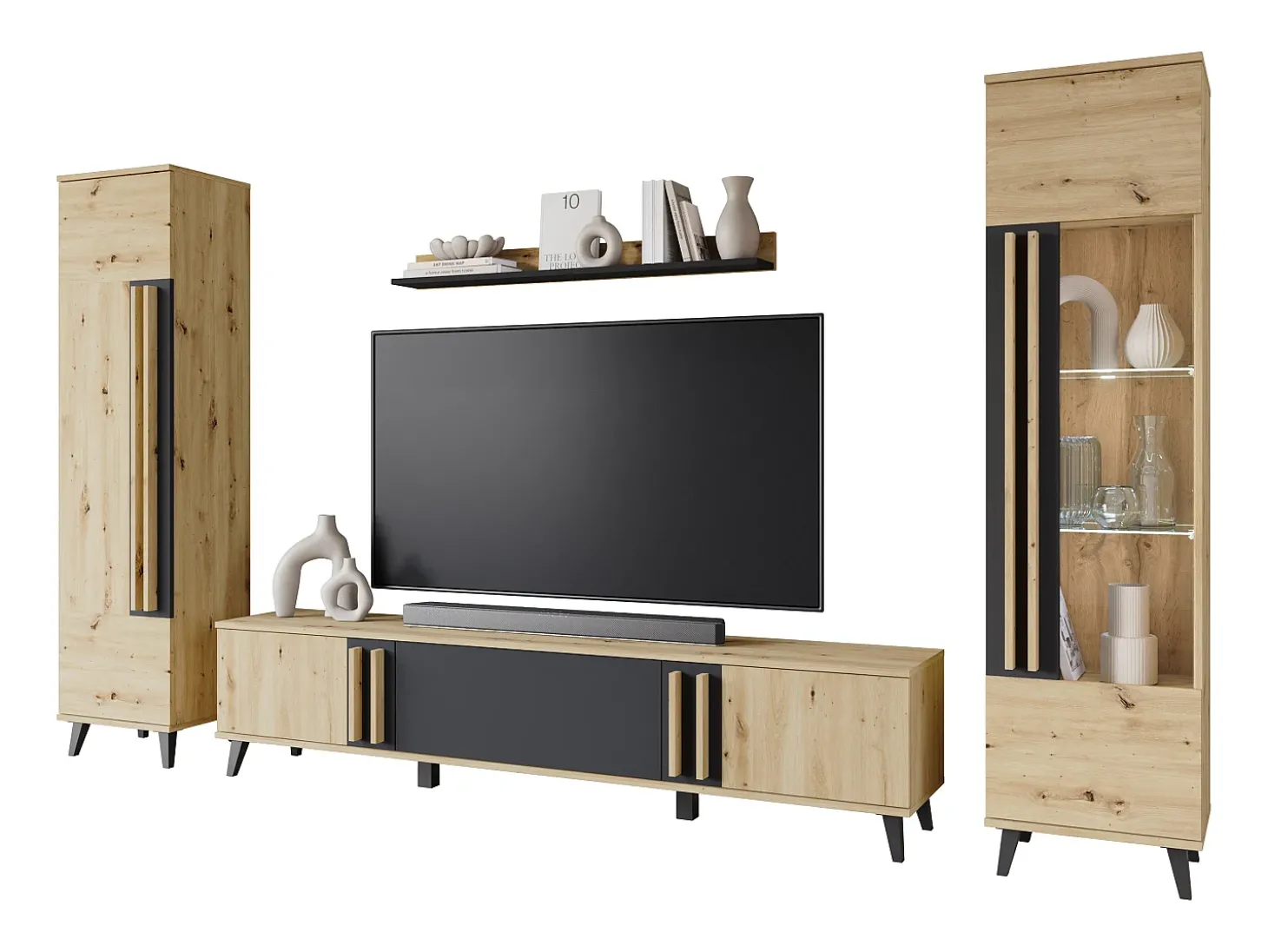 Conjunto de sala sobre pés com LED– conjunto TV 180 cm, vitrine, estante, prateleira carvalho Artisan mate