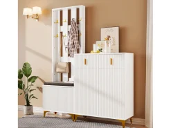 Conjunto de sapateira com sapateira, cabideiro - 60,5x35,2x180,5 cm + 83x35x101 cm - Aglomerado - Branco