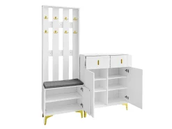 Conjunto de sapateira e bengaleiro - 4 portas, 2 gavetas, banco e ganchos - Branco e dourado