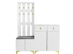 Conjunto de sapateira e bengaleiro - 4 portas, 2 gavetas, banco e ganchos - Branco e dourado