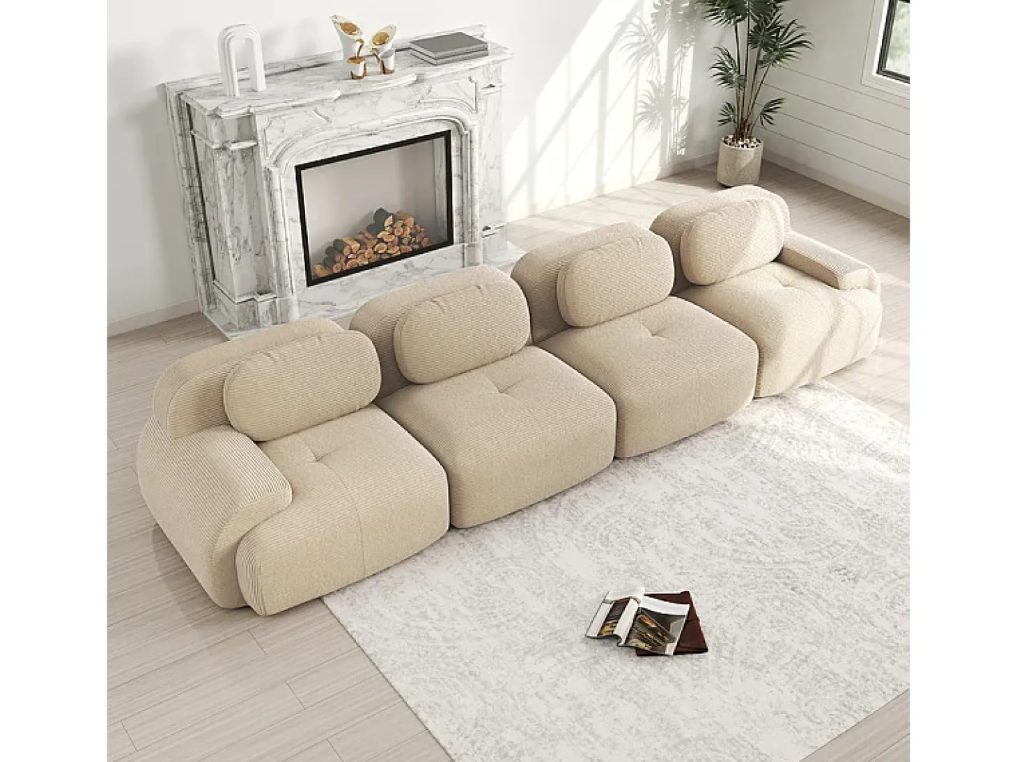 Conjunto de Sofá Modular de Veludo Cannelado: Ottomã - 92.5x75x44cm - Cinza