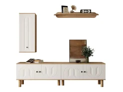 Conjunto de TV mural 3 peças - Móvel para TV, vitrine e prateleira - 5 portas - Pés de madeira maciça - Branco + natural
