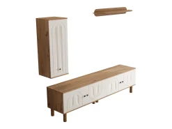 Conjunto de TV mural 3 peças - Móvel para TV, vitrine e prateleira - 5 portas - Pés de madeira maciça - Branco + natural