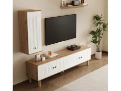 Conjunto de TV mural 3 peças - Móvel para TV, vitrine e prateleira - 5 portas - Pés de madeira maciça - Branco + natural