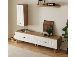 Conjunto de TV mural 3 peças - Móvel para TV, vitrine e prateleira - 5 portas - Pés de madeira maciça - Branco + natural