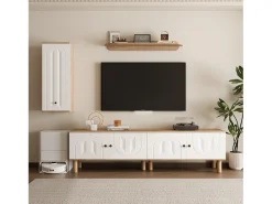 Conjunto de TV mural 3 peças - Móvel para TV, vitrine e prateleira - 5 portas - Pés de madeira maciça - Branco + natural