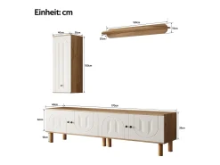 Conjunto de TV mural 3 peças - Móvel para TV, vitrine e prateleira - 5 portas - Pés de madeira maciça - Branco + natural