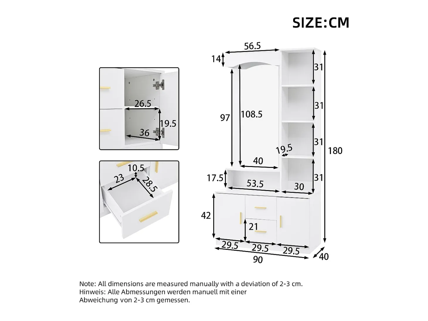 Conjunto de vestiário de entrada 90x40x180cm - com móvel para sapatos e espelho - 2 gavetas e 2 portas - com prateleiras - Branco