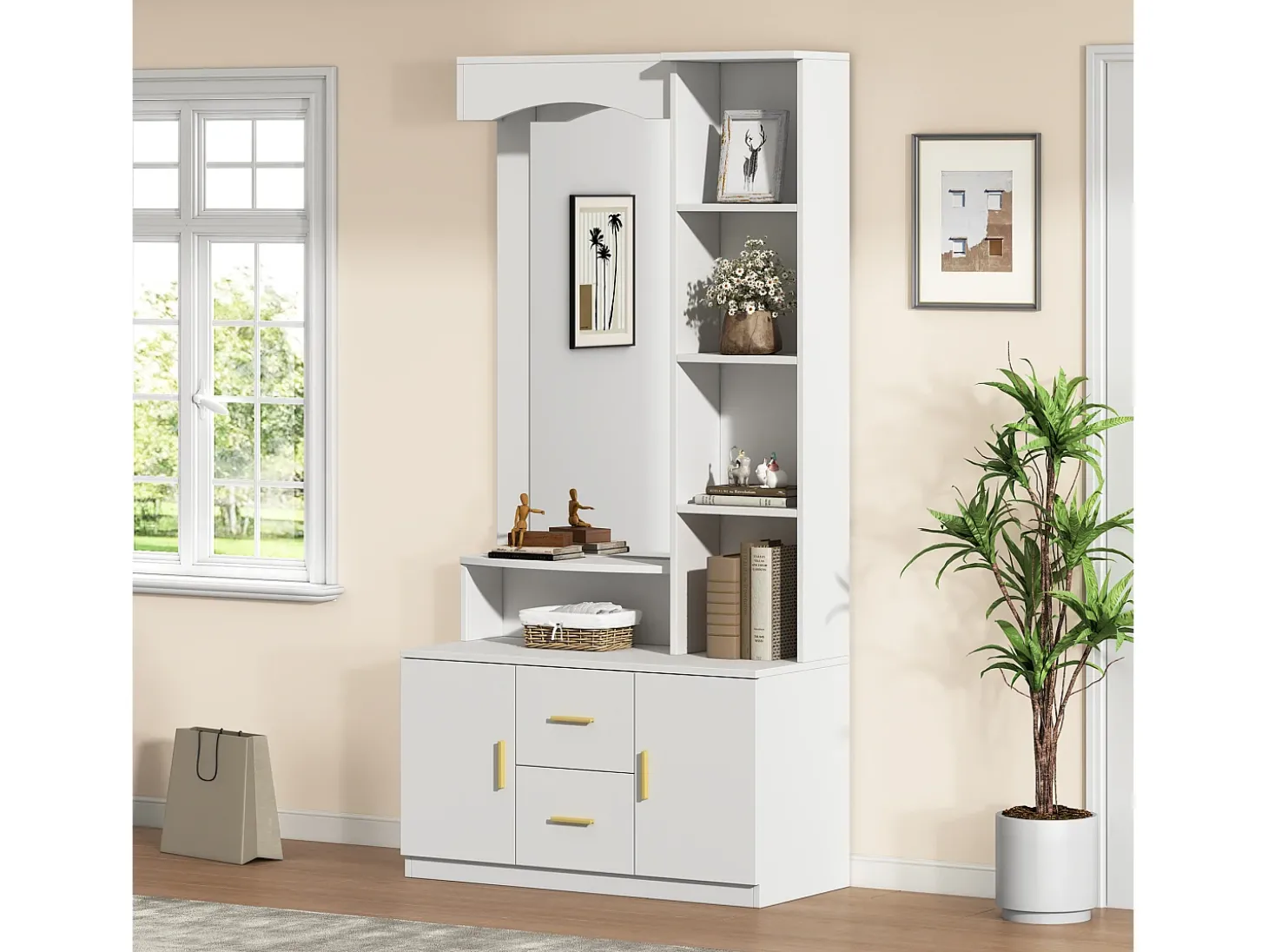 Conjunto de vestiário de entrada 90x40x180cm - com móvel para sapatos e espelho - 2 gavetas e 2 portas - com prateleiras - Branco