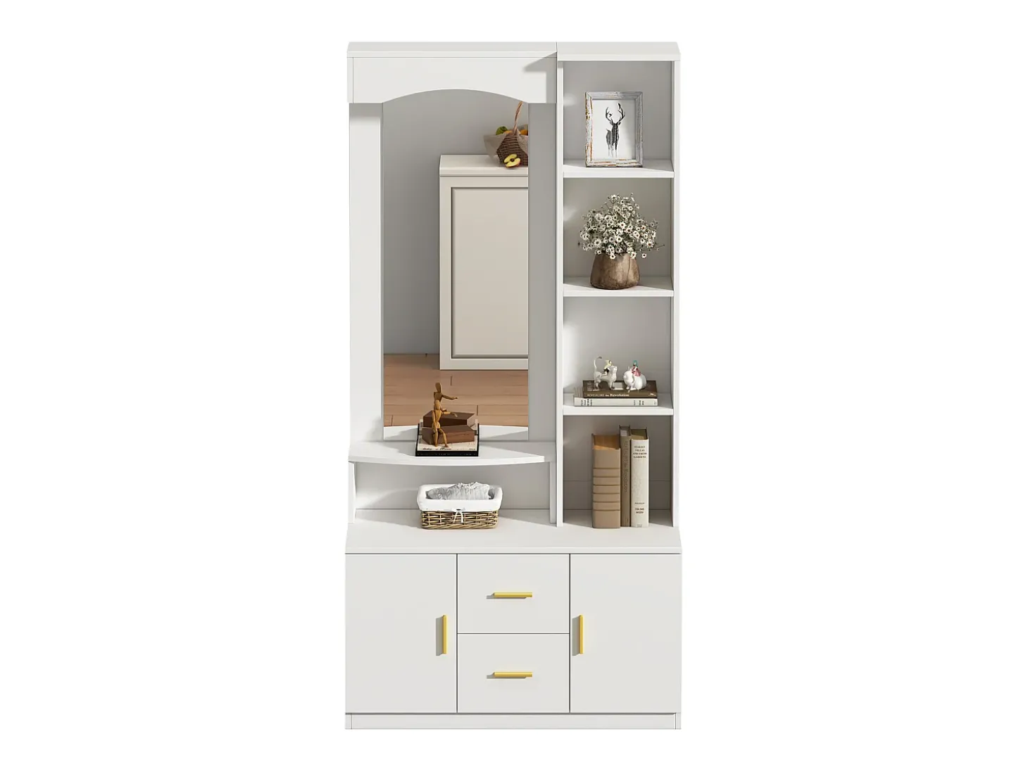 Conjunto de vestiário de entrada 90x40x180cm - com móvel para sapatos e espelho - 2 gavetas e 2 portas - com prateleiras - Branco