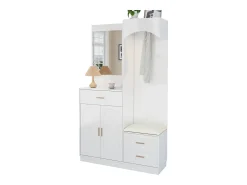 Conjunto de vestiário de entrada 110x33x185,5 cm - 3 portas e 1 gaveta - Móvel para sapatos e banco calçadeiro - com espelho - Branco
