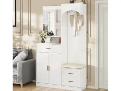 Conjunto de vestiário de entrada 110x33x185,5 cm - 3 portas e 1 gaveta - Móvel para sapatos e banco calçadeiro - com espelho - Branco