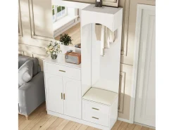 Conjunto de vestiário de entrada 110x33x185,5 cm - 3 portas e 1 gaveta - Móvel para sapatos e banco calçadeiro - com espelho - Branco