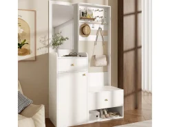 Conjunto de vestiário de entrada 105x38x180 cm - com espelho - com ganchos ajustáveis - 2 gavetas e 1 porta - Branco