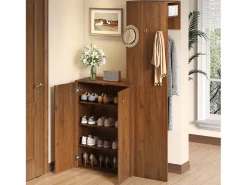 Conjunto de vestiário de entrada moderno - Sapateira + Cabideiro - Com varão e ganchos - MDF - Cor nogueira​ (Perfuração necessária)