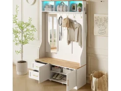 Conjunto de vestiário de entrada 120x40x187 cm - Espelho e ganchos - com LED - Móvel para sapatos - Branco + Natural