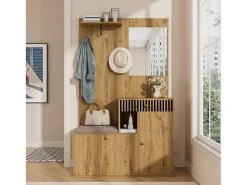 Conjunto de vestiário de entrada 110x37x185,5 cm - com espelho e ganchos - Móvel para sapatos e banco calçadeiro - Natural