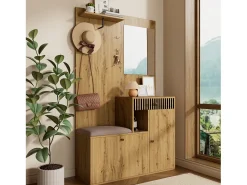 Conjunto de vestiário de entrada 110x37x185,5 cm - com espelho e ganchos - Móvel para sapatos e banco calçadeiro - Natural