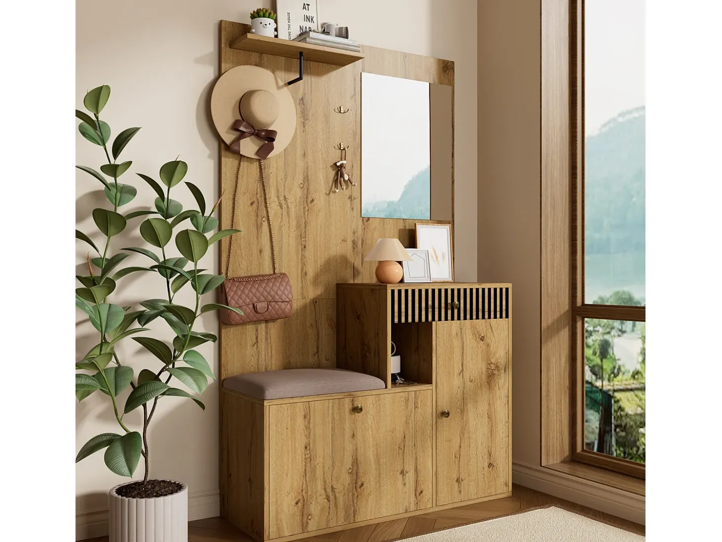 Conjunto de vestiário de entrada 110x37x185,5 cm - com espelho e ganchos - Móvel para sapatos e banco calçadeiro - Natural