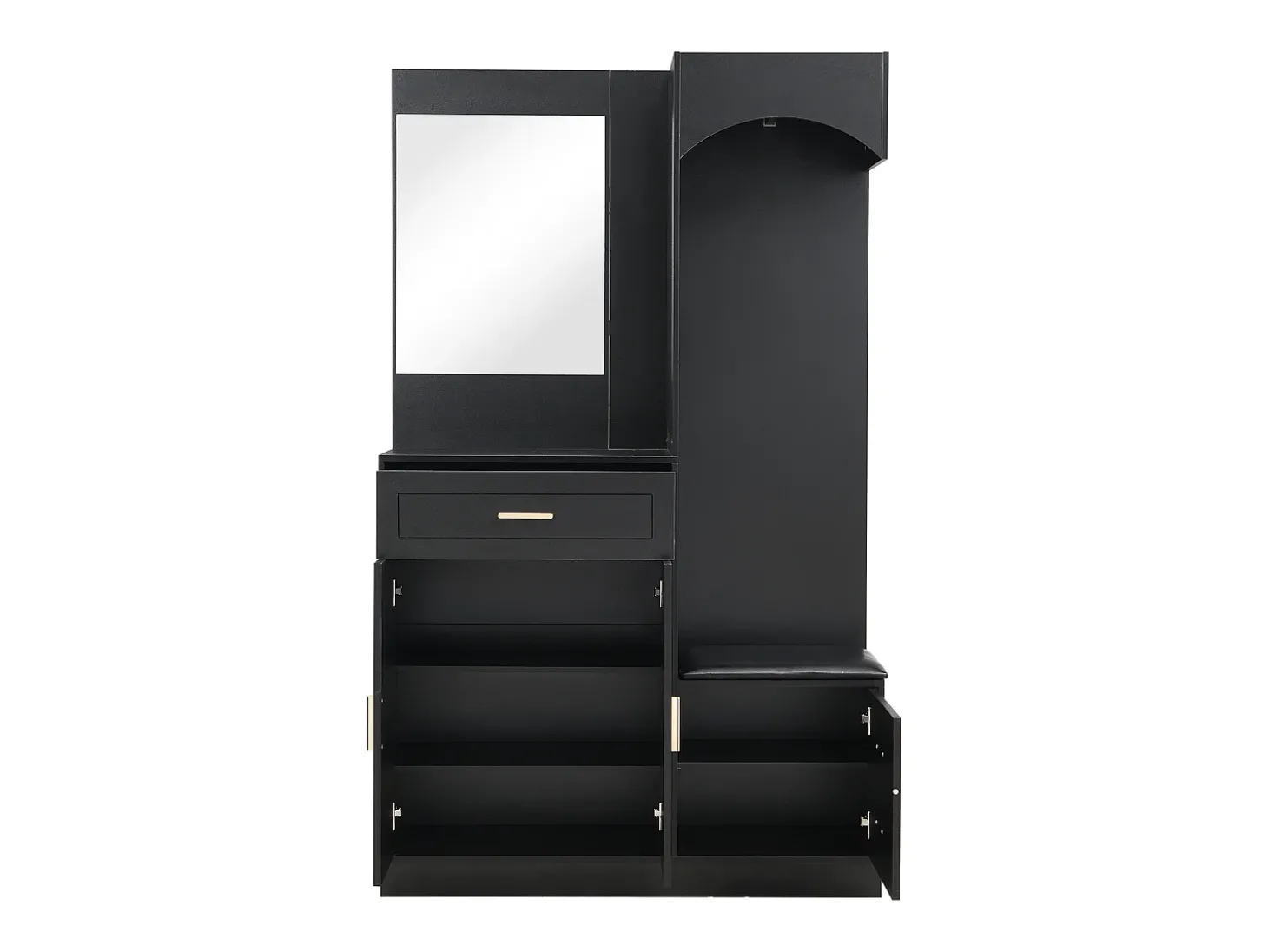 Conjunto de vestiário de entrada 110x33x185,5 cm - 3 portas e 1 gaveta - Móvel para sapatos e banco calçadeiro - com espelho - Preto