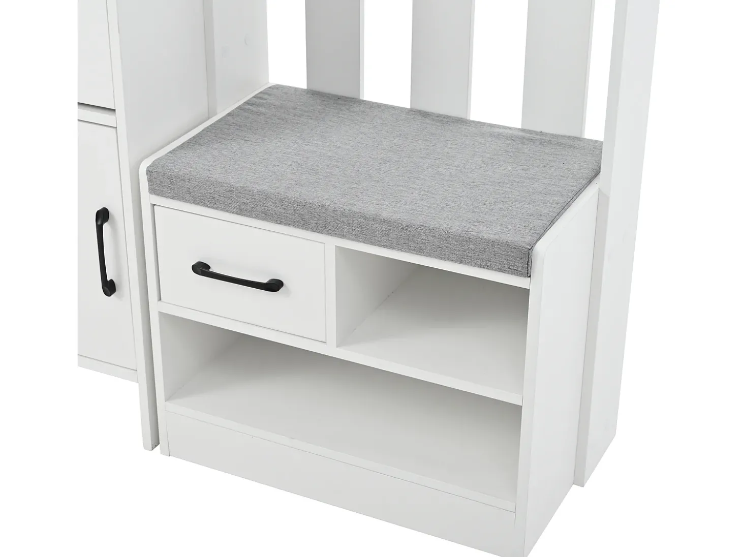Conjunto de vestiário de entrada 110x35x175.5 cm - Móvel para sapatos e banco de sapatos - ganchos e painel perfurado - Branco