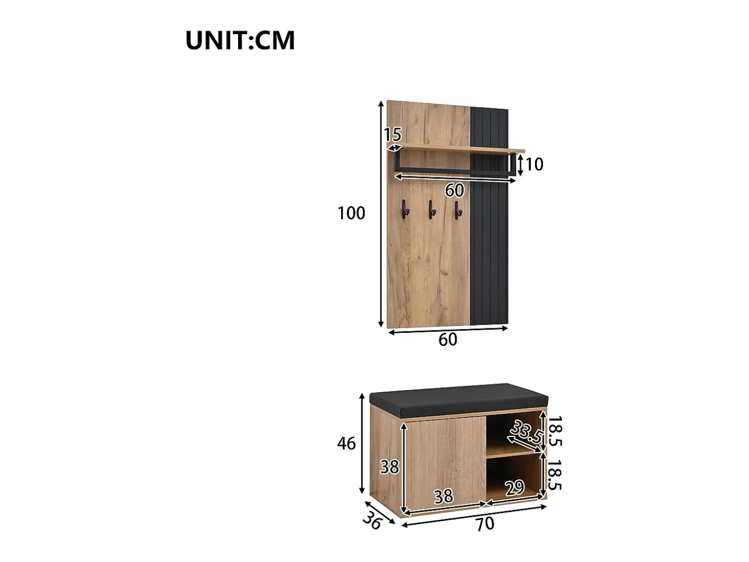 Conjunto de vestiário de entrada - 1 cabideiro e 1 móvel para sapatos - com almofada e 3 ganchos - Natural + Preto