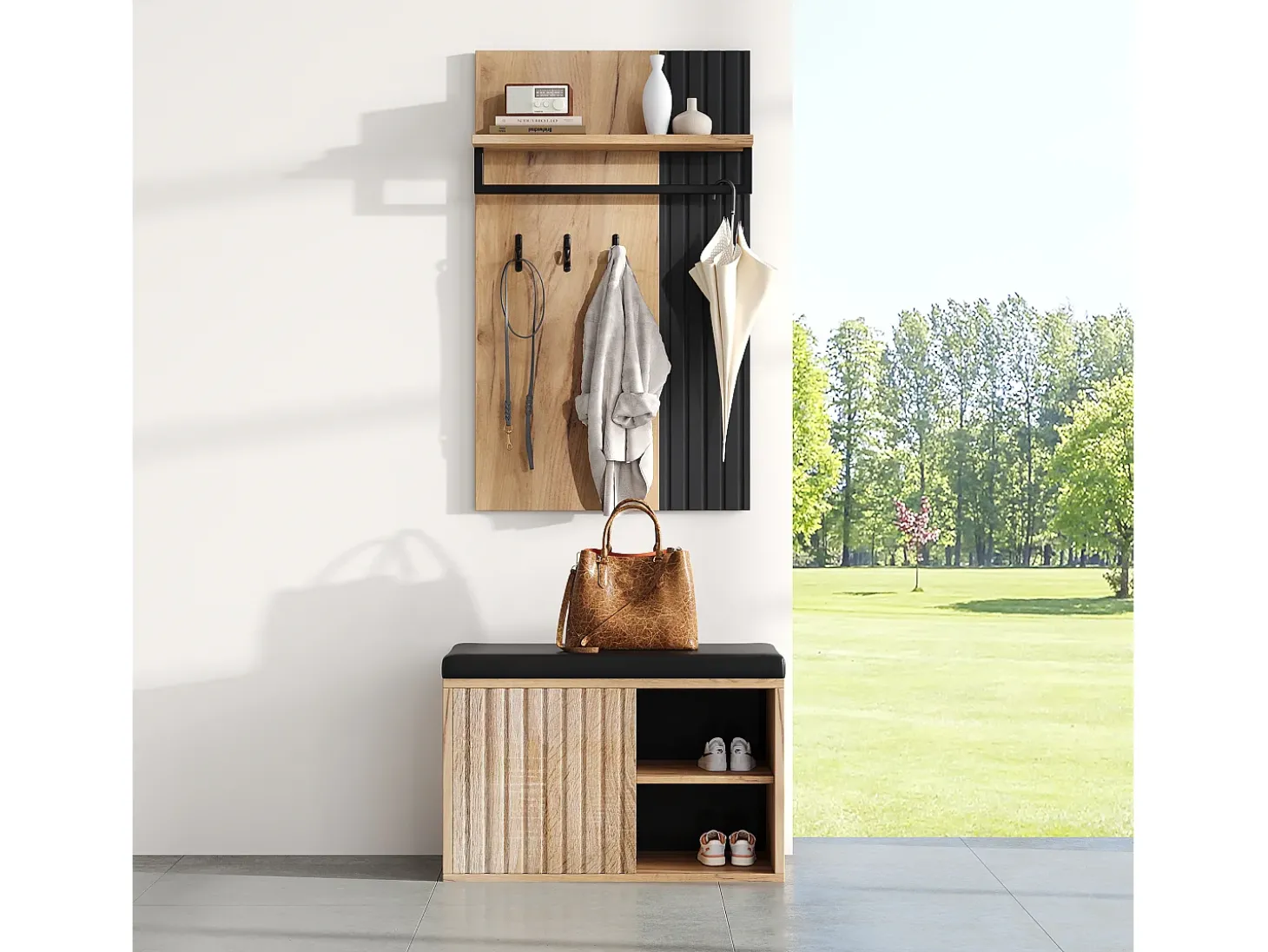 Conjunto de vestiário de entrada - 1 cabideiro e 1 móvel para sapatos - com almofada e 3 ganchos - Natural + Preto