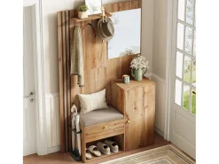 Conjunto de vestiário de entrada 115x37x185 cm - com espelho e ganchos - com assento acolchoado - Guarda-chuva - Natural