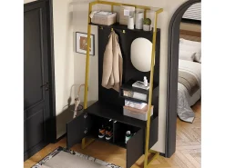 Conjunto de vestiário de entrada 78x38,5x180,5 cm - com espelho e ganchos - Móvel para sapatos - com prateleiras - Preto