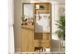 Conjunto de vestiário de entrada 105x38x180 cm - com espelho - com ganchos ajustáveis - 2 gavetas e 1 porta - Natural