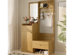 Conjunto de vestiário de entrada 105x38x180 cm - com espelho - com ganchos ajustáveis - 2 gavetas e 1 porta - Natural