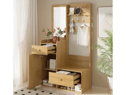 Conjunto de vestiário de entrada 105x38x180 cm - com espelho - com ganchos ajustáveis - 2 gavetas e 1 porta - Natural