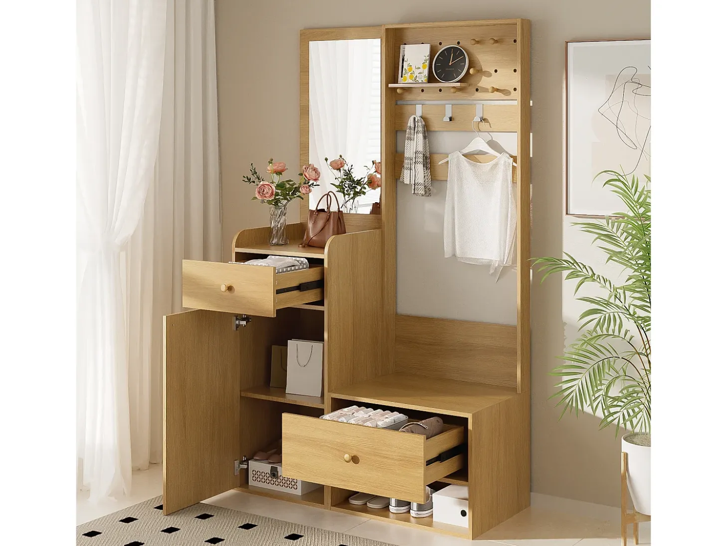 Conjunto de vestiário de entrada 105x38x180 cm - com espelho - com ganchos ajustáveis - 2 gavetas e 1 porta - Natural