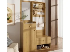 Conjunto de vestiário de entrada 105x38x180 cm - com espelho - com ganchos ajustáveis - 2 gavetas e 1 porta - Natural