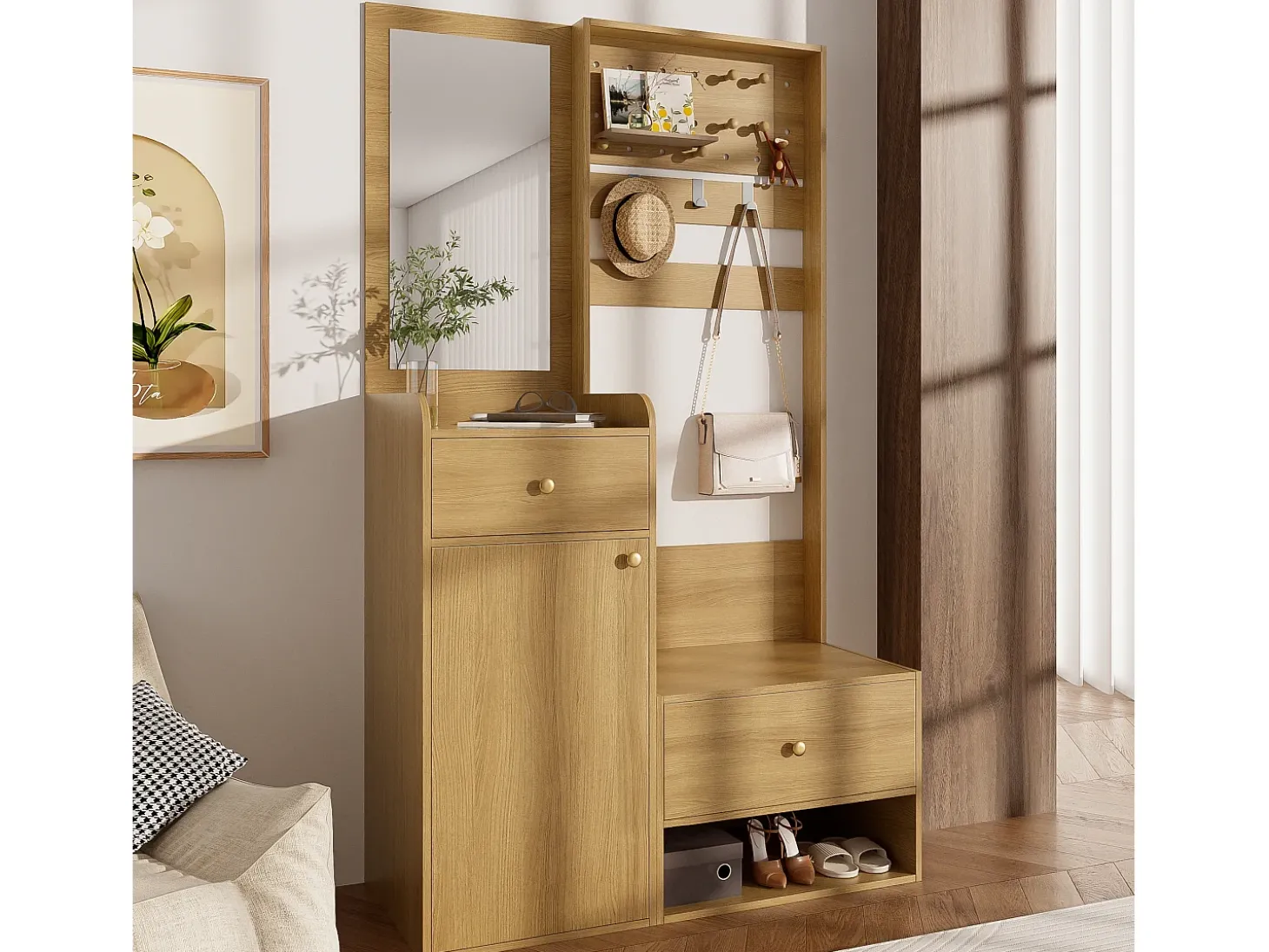 Conjunto de vestiário de entrada 105x38x180 cm - com espelho - com ganchos ajustáveis - 2 gavetas e 1 porta - Natural