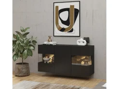 Conjunto design de 4 móveis para sala de estar, coleção EVA. Cor preta e carvalho.