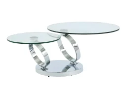 Conjunto mesa de centro tampo giratório transparente JOLINE e tapete felpudo cinzento MAZE
