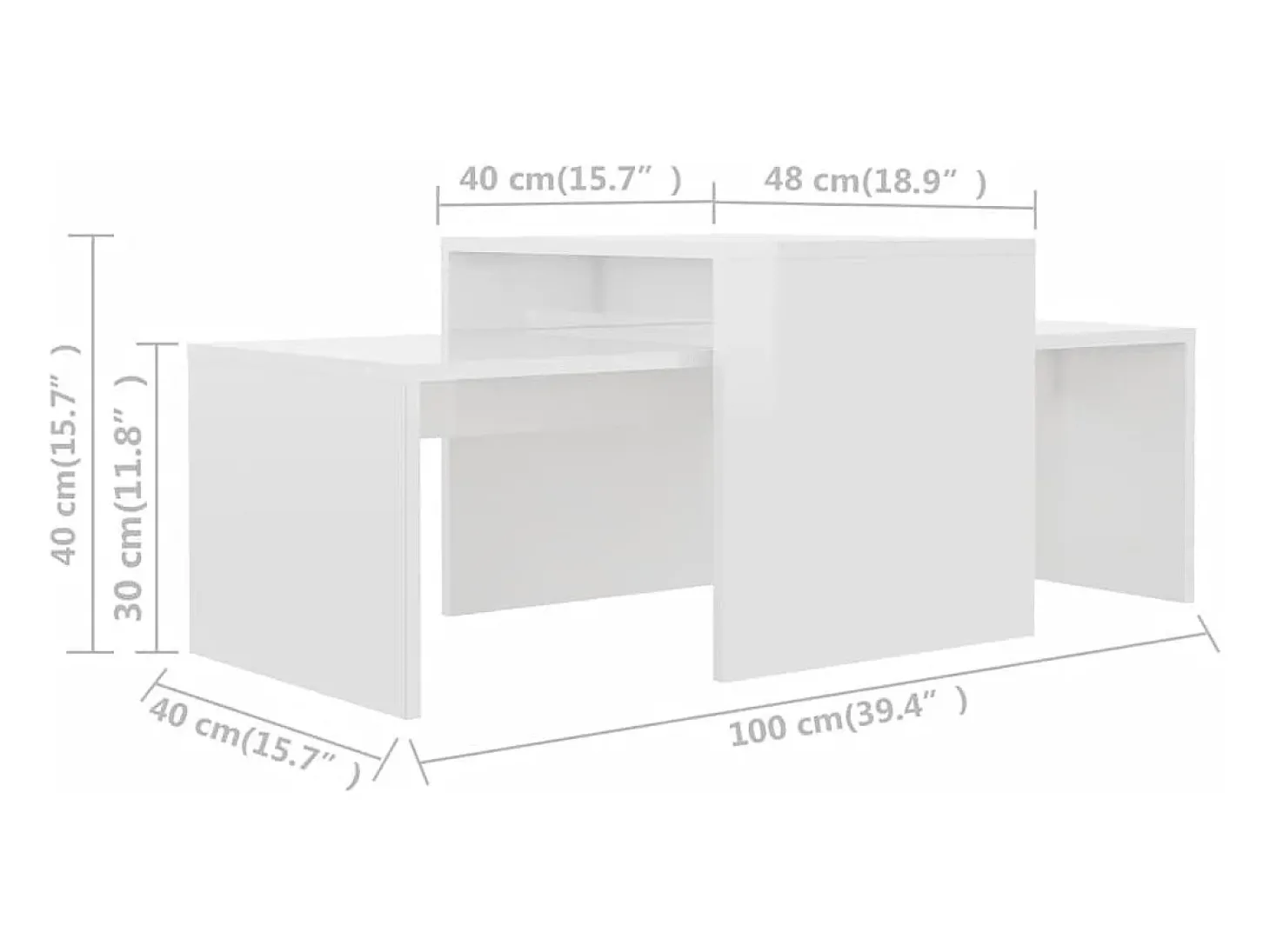 Conjunto mesas centro 100x48x40cm contrapla. branco brilhante